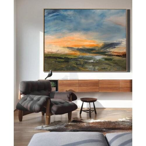 Hand Painted Beautiful Oil Painting Abstract Landscape Sunrise River Canvas Painting Art Living Room Decoration Wall Art