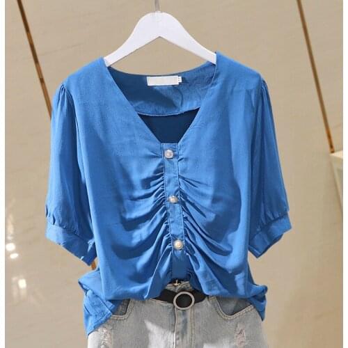 Satin Chiffon Women Shirts Summer New 2021 V-Neck Button Pleated Half Sleeved Slim Elegant Office Lady Outwear Tops
