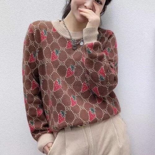 3XL Strawberry Letters Plaid Womens Winter Sweaters New Spring Elegant Lady O-Neck Pullovers Loose Plus Size Fashion Clothes