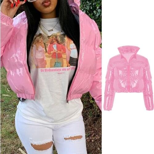 M89E Women Winter Long Sleeve Zipper Puffer Jacket Stand Collar Shiny Metallic Faux Leather Cropped Puffy Bubble Coat Quilted