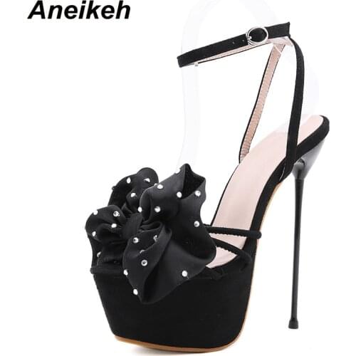 Aneikeh Womens Sandals 2021 Sweet Fashion Butterfly-Knot Buckle Strap Platform Thin High Heels Bling Flower Sexy Sandals Summer