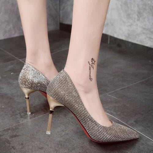 New women pumps high heels pointed toe office career lady fashion gold silver red bottom shoes party sexy wedding slip on sandal