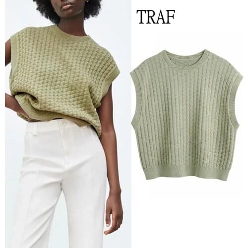 TRAF Za Women Sweater Vest 2021 Autumn Womens Clothing Loose Sleeveless Sweater Female Vintage Womens Knitted Vest Chic Tops