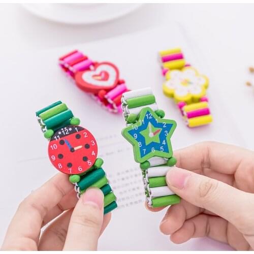 1PC Kids Bracelet Wooden Elastic Band Watch Cute Toys Baby Shower Girl Boy Souvenir Christmas Gifts Time Learning Education Toys