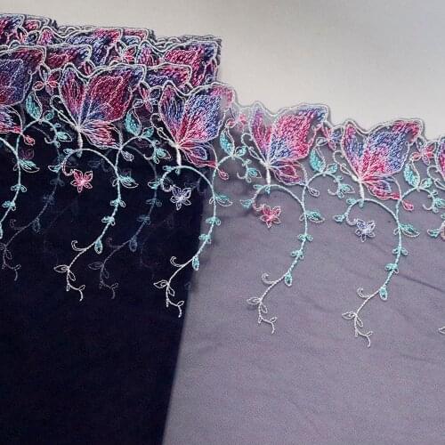 2Meters 25CM Width SIngle Side Floral Embroidered Lace Trim Blue Soft Mesh Lingerie Bra Underwear Handmade Dress Sewing Fabric