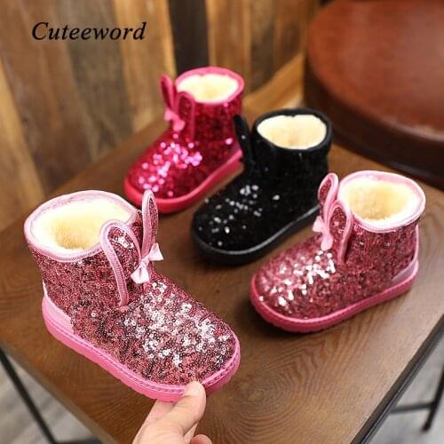 Childrens Snow Boots for Girls Cotton Shoes Winter Warm Kids Ankle Boots Plus Velvet Fashion Sequin Baby Toddler Girls Boots