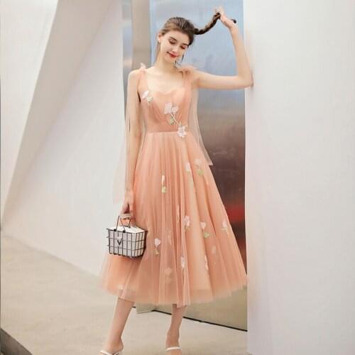 Elegant Rose Pink A-Line Beaded Flowers Applique Cocktail Dress 2019 Girls Formal Tea-Length Party Prom Gowns vestidos de coctel