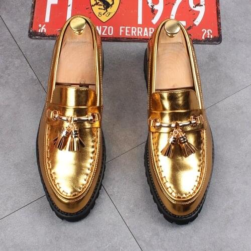 European and American gold trend fashion lacquer leather tassel one foot hair stylist lazy mens dress studio wedding shoes