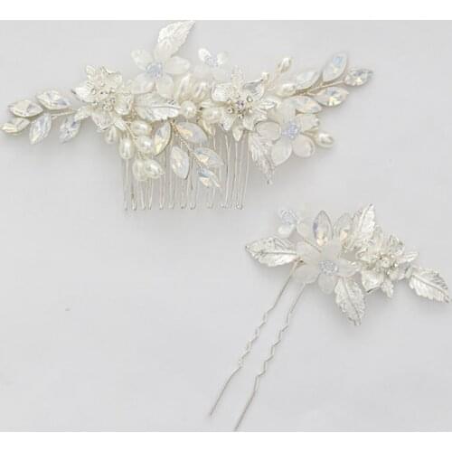 Floralbride Alloy Leaf Opal Crystal Rhinestones Flower Bridal Hair Comb Hair PIn Stickers Wedding Hair Accessories Women Jewelry