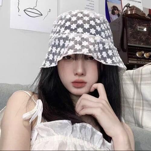 Harajuku Summer Bucket Hat For Women Fashion Floral Lace Fascinator Hat Wide Brim Sun Hats White Black Lace Dress Hat