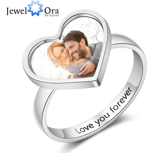 JewelOra Customized Engraving Heart Rings for Women Personalized Photo Female Engagement Ring Christmas Gifts