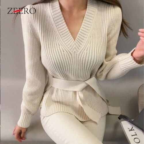 Korean Autumn Women Black Long Sleeve V Neck Loose Sexy Sweater Pullover Korean Female Winter Side Split Sashes Knitted Sweaters