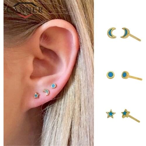 Cute Tiny Geometric Moon Star Stud Earrings For Girl 925 Sterling Silver Mini INS Gold Earrings Student Fashion Jewelry Gift