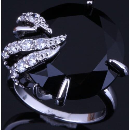 Trendy Round Black Cubic Zirconia White CZ Silver Plated Ring V0557