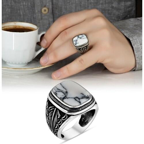 Sterling Silver Men Ring With Leaf Motif And Square White Turquoise Gemstone, Handmade Vintage Jewelry Accessory Gift For Him