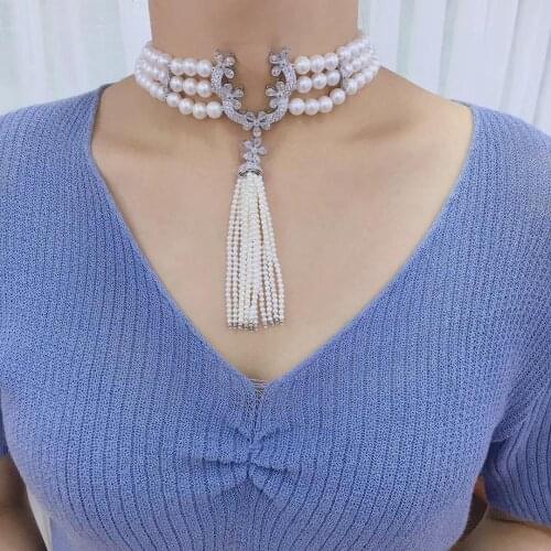 8-9MM natural fresh water pearl choker necklace multi layers 925 sterling silver cubic zircon tassels accept order any length