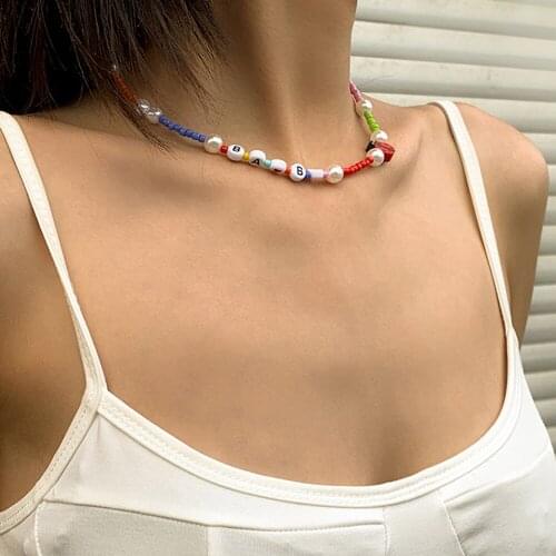 Korean Ethnic Imitation Pearl Letters Choker Necklace For Women Sweet Girls Colorful Beads Necklace Bohemian Femme Jewelry