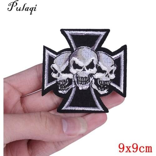 Pulaqi Punk Cross Skull Embroidery Patch Iron On Patches For Hat Clothes Garment Accessories DIY Sew On Sticker F