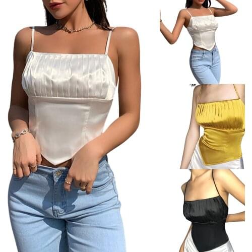 Sexy Womens Zip Back Camisoles, Sleeveless Spaghetti Strap Pleated Bust Solid Color Crop Cami Tops New Fashion 2021