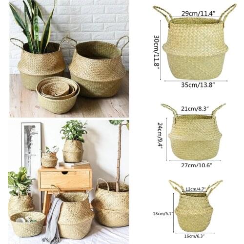 Household Storage Foldable Natural Seagrass Woven Storage Basket Rattan Hanging Flower Hamper Home Garden Decoration