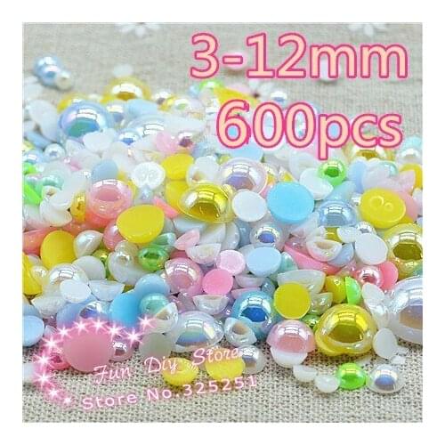 Resin AB flat back multicolor pearl 3-12mm 600pcs/lot flat back half pearl free shipping