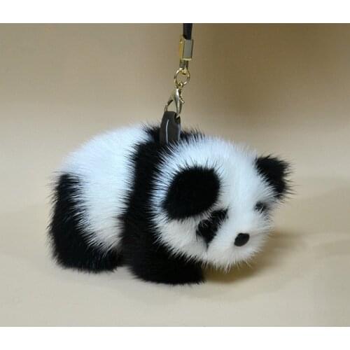 Luxury cute doll real mink fur panda toys keychain animals fluffy pompoms womens bag purse charms for bag gift sale