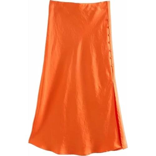 Solid Satin Elastic waist Women Side Slit Midi Skirt 2020 New Fashion Casual Lady Button decoration Slim A-Line Skirts P1597