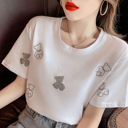 2021Summer Short Sleeve Bear hot diamond Fashion Lady T-shirts Top T Shirt Ladies Womens Graphic Female Loose Tee
