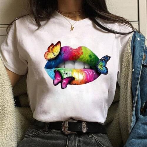 New Fashion Women Tshirt Watercolor Lips Printed Tops Tee Casual Short Sleeve Female Tee Shirts Harajuku Graphic T-shirts Femme