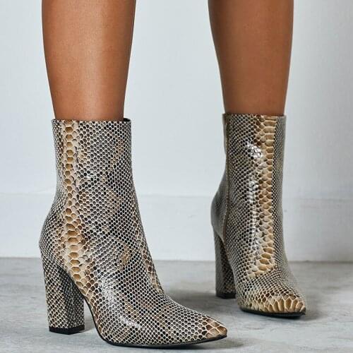 Womens shoes High heels PU Slip On Square heel 9.5cm Pointed Toe snake pattern womens boots short boots