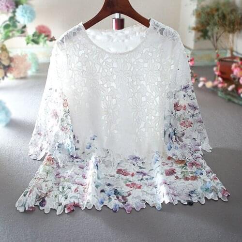 Womens Spring Summer Designer Floral Print Embroidery White Cotton Shirt Female Hollow Out Casual Loose T Shirt Top TB602