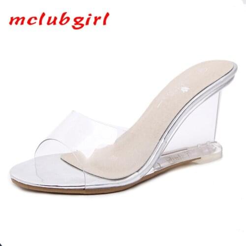 Mclubgirl Women Slipper High Heels Summer Wild Summer womens Shoes Word Buckle Simple Wedge Sandals Transparent LFD