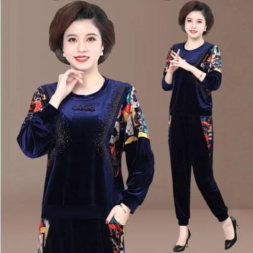 Middle Aged Mom Print Patchwork Velvet Tracksuit Women Two Piece Set Casual Loose Long Sleeve Pullover Tops + Harem Pants Suit