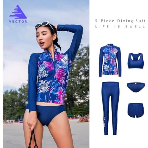 VECTOR Super Strech Surfing Diving Rash Guards for Women Swimming Rowing Sailing Surfing Rashguards Wetsuit 5 Piece Swimwear