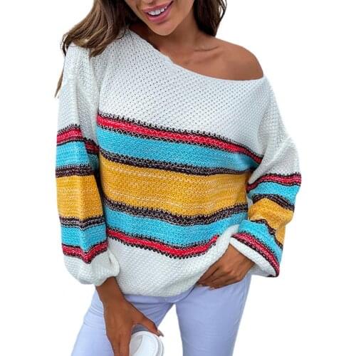 Autumn Winter Knitted Sweater Women Boat Neck Rainbow Stripe Elastic Lantern Long Sleeve Women Sweater