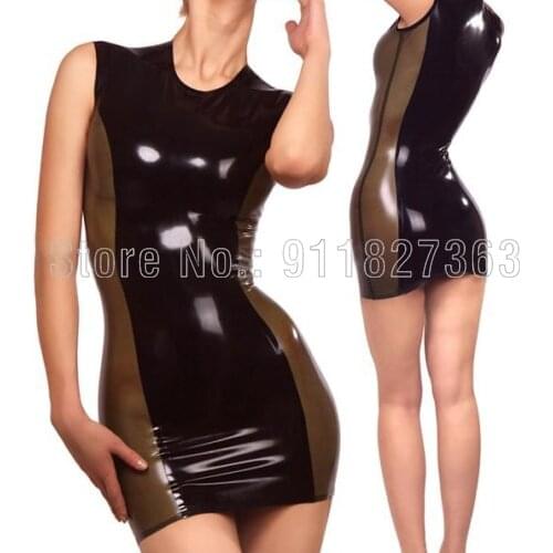 100% Natural Latex Catsuit Rubber Gummi Sleeveless Short Dress Slim Brown w Brown Transparent Trim w/o Zipper Customized