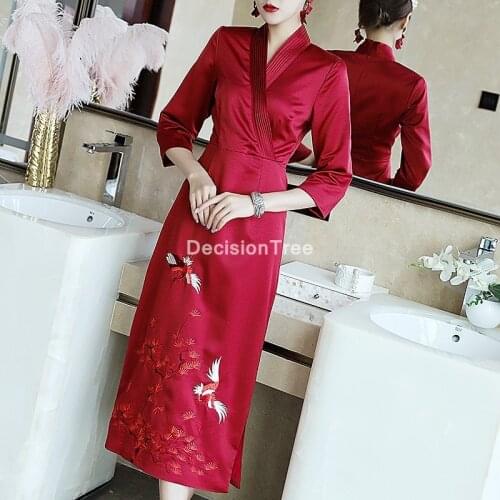 2021 improved flower embroidery women cheongsam chinese traditional lace dresses mandarin collar qipao vestidos evening dress