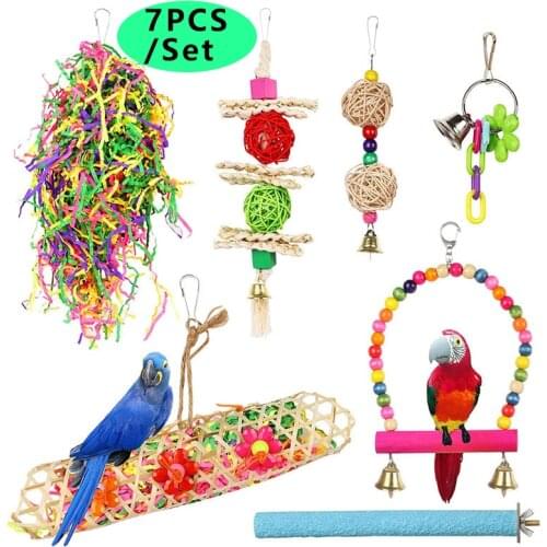 7Pcs/Set Parrot Toy Bird Cage Toys Reliable & Chewable-Swing Bite Ball Bell Toy Bird Supplies
