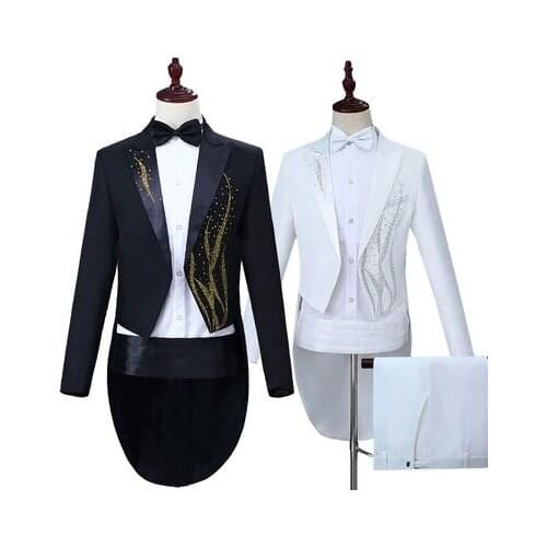 Free shipping mens stage swallowtail jacket with pants/ jacket black/white rhinestone golden suit jacket