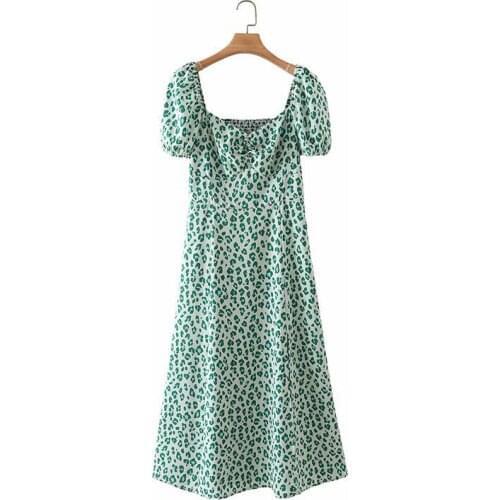 DOUJILI 2021 Summer Dress New Style Green Leopard Print Puff Sleeve Vintage Temperament Girl Women Dress Midi