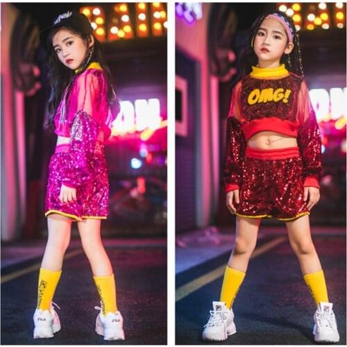 Sexy Girls Sequins Show Navel Jazz Dance Costumes Hip Hop Modern Dance Clothes For Kids Children Performance Jazz Dance Wear