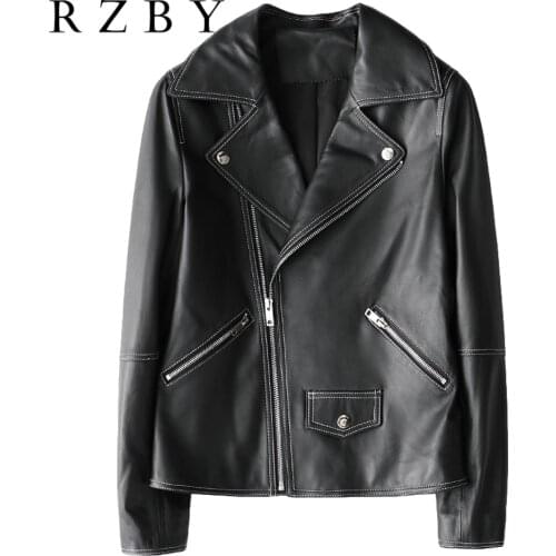 100% Real Sheepskin Coat Female Genuine Leather Jacket Zipper Slim Black Moto & Biker Jacket Outerwear jaqueta de couro RZBY168