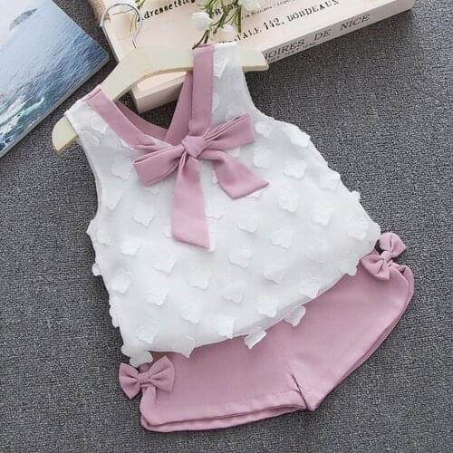 Summer Girls Clothes Set Toddler Kids Baby Girls Outfits Clothes Bowknot T-shirt Vest+Shorts Set Kids Children Casual Clothing