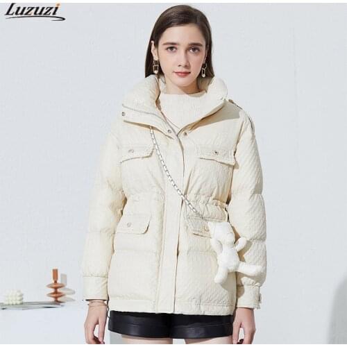 Luzuzi 2021 Winter Puffer Fluffy Jacket Women Down Coat With Bear Lady Fashion Stand Collar Drawstring Slim Down Parkas Outwear