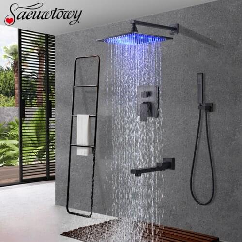 Wall Mount Black Concealed Shower Set LED Shower Faucet Set Rain Shower Faucet Bathtub Shower Tap Rotatble Spout Faucet Tap