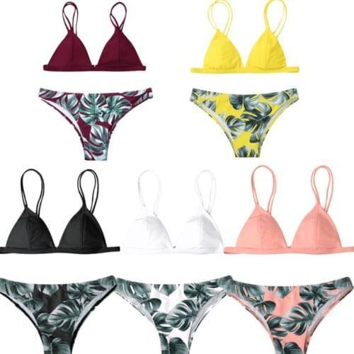 New Women Push-up Bikini Set Leaves Printed Sexy Summer Padded Bra Triangle Swimsuit Swimwear Bathing Suit New