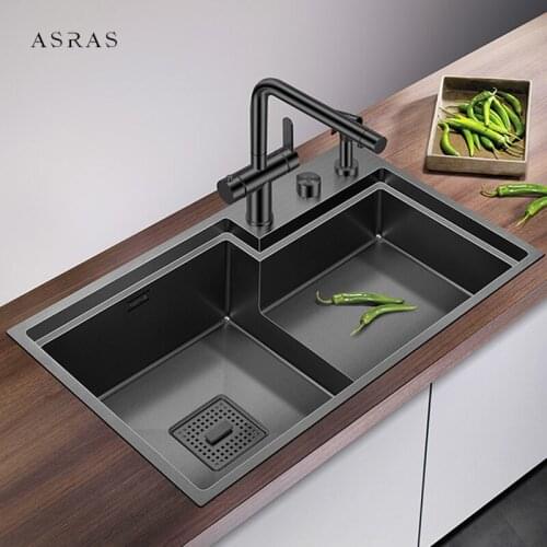 Single Large Size Nanometer Stepped kitchen Sink 304 Stainless Steel 4mm Thickness 220mm Depth Handmade Stepped Kitchen Sinks