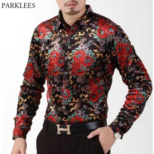 Luxury Gold Floral Velvet Velour Shirt Men 2021 Spring New Casual Warm Comfortable Shirts Mens Long Sleeve Button Down Chemise