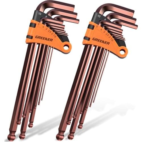 Greener 9PCS Hex Wrench Hand Tools Kits Workshop Tooling Allen Key 1.5mm-10mm Double-End L Type Hexagon Flat Ball Spanner