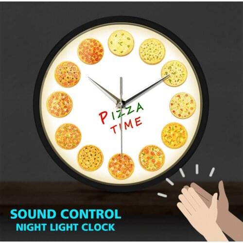 Tastes Pizza Time Metal Frame LED Wall Clock for Kitchen Sound Control Restaurant Italian Food Wall Art Watch Gastronome Gift